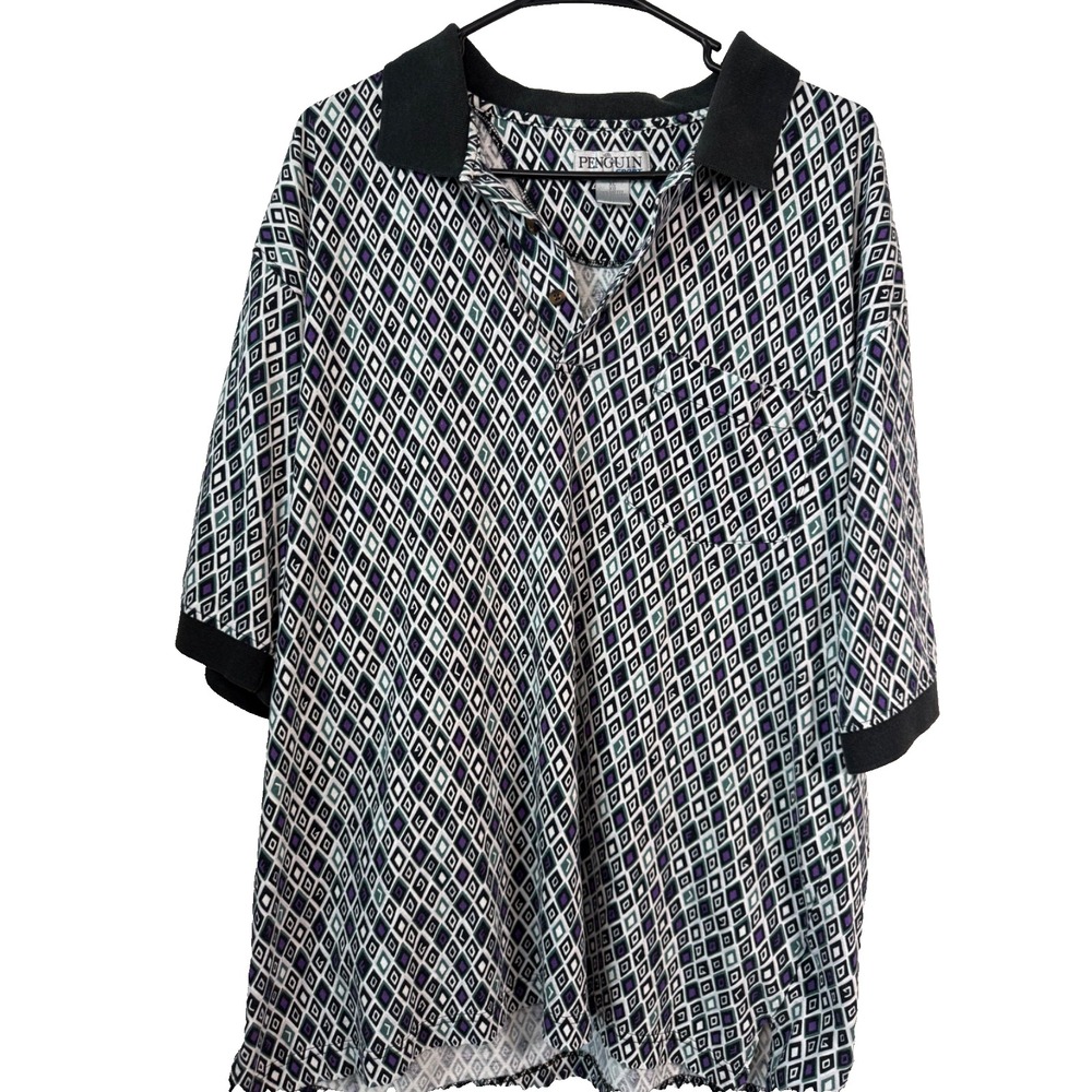 Penguin Sport Polo Shirt XL Geometric Diamond Pattern Cotton Black Collar Vintag